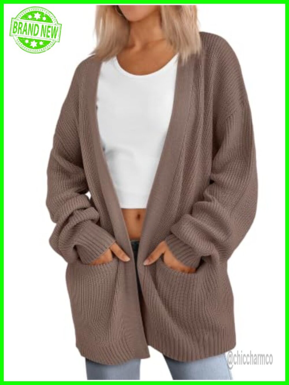 Oversized Knit Cardigan Sweater with Pockets Open Front Long Sleeve